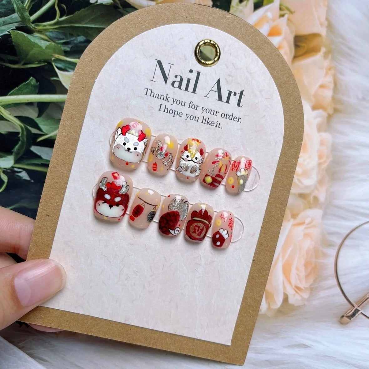 Cute Little Dragon Cat Eyes Hand-Painted Nails