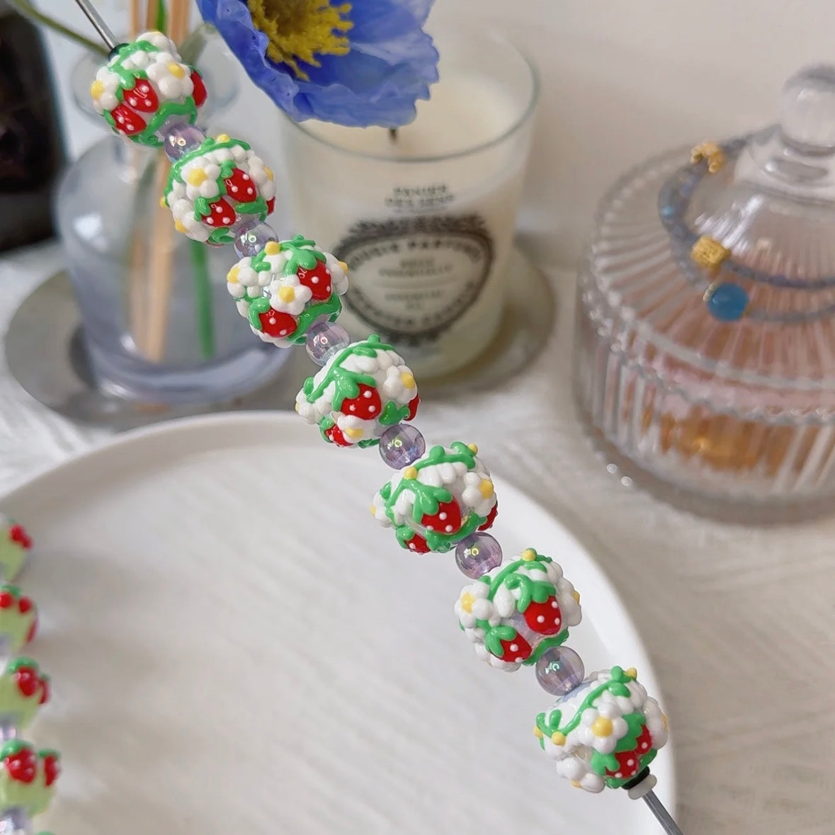 Strawberry Green Hand-Painted Beads