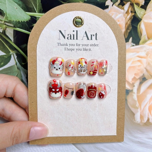 Cute Little Dragon Cat Eyes Hand-Painted Nails