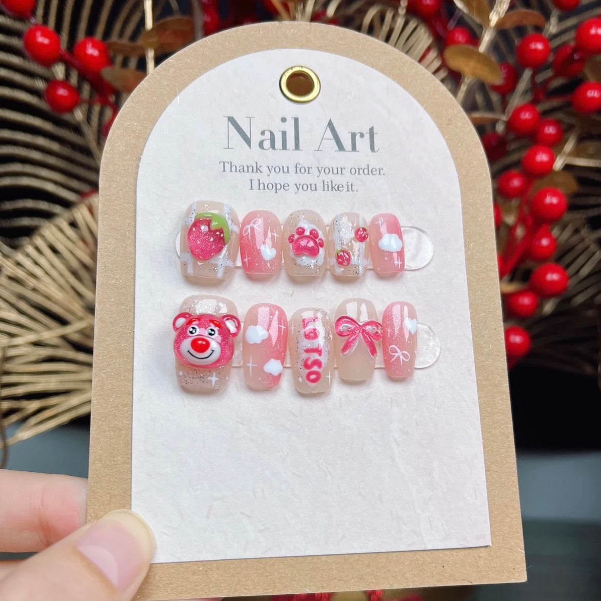 Handmade Strawberry Bear Nails